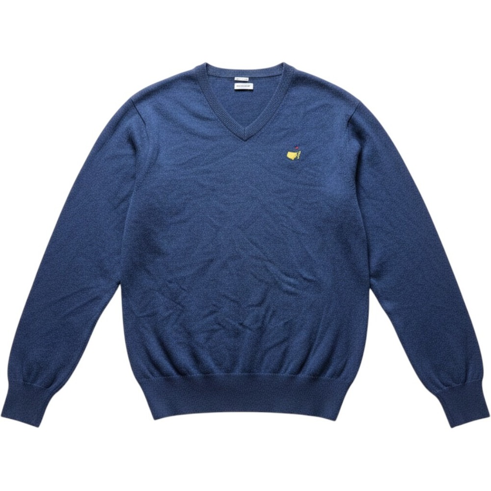 Masters Sweater Mens Medium Blue 100% Cashmere V Neck Augusta Golf Logo